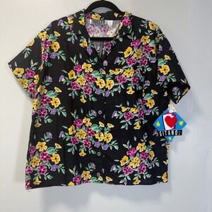Vintage Gitano Collections Floral Button Down Shirt Black Cotton Large NWT